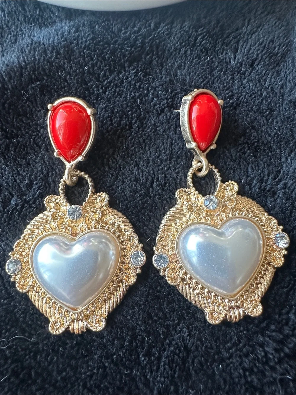Gold-Tone Heart Drop Earrings with Red and Pearl Accents